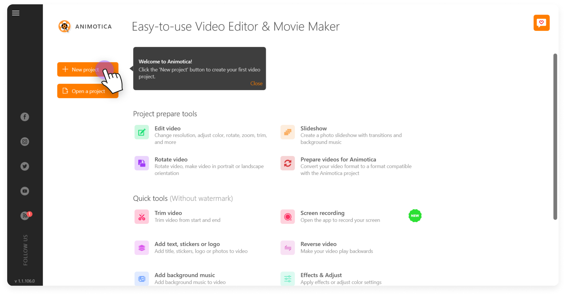 Open Animotica: Click on the New Project button on the main screen. This will create a blank canvas for your video editing work.