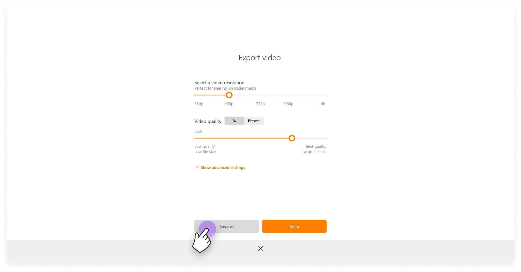 Start the Export: Click the 'Save As' button at the bottom of the settings menu and a desirable destination. Animotica will then process your video. The time it takes to export will depend on the length and quality of the video.