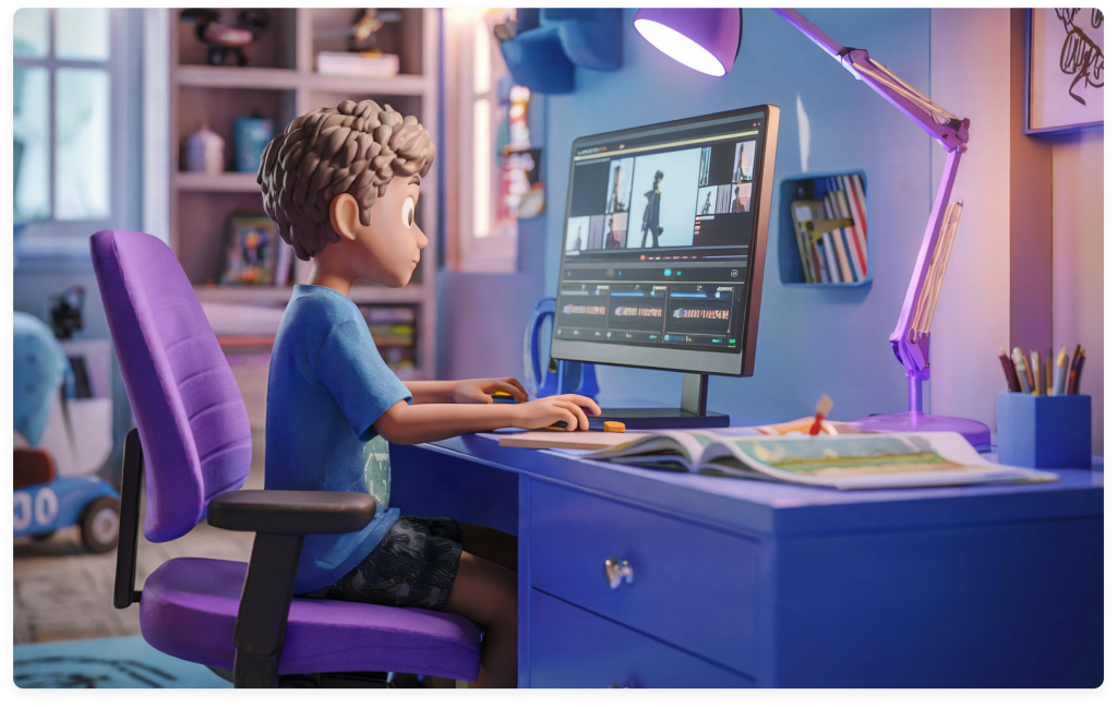 A young kid sitting at a desk with a computer and lamp, busy editing videos and exploring their creative side.