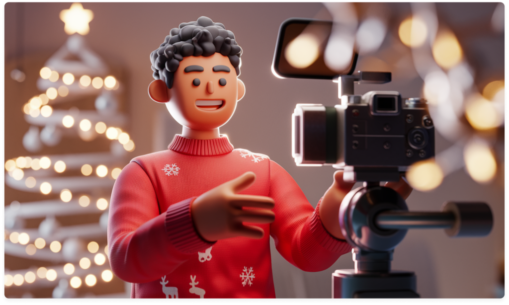 A man in a festive Christmas sweater captures the holiday spirit with his camera, ready for trendy Christmas video ideas.