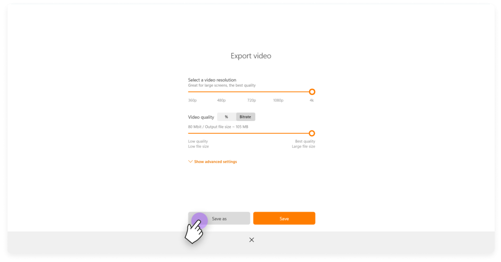 Choose resolution and bitrate, and click save as to export your video